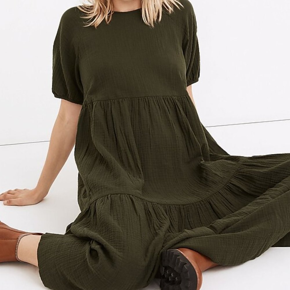 Madewell XL Lightspun Short-Sleeve Cattail Tiered Dress Deep Green 100% cotton